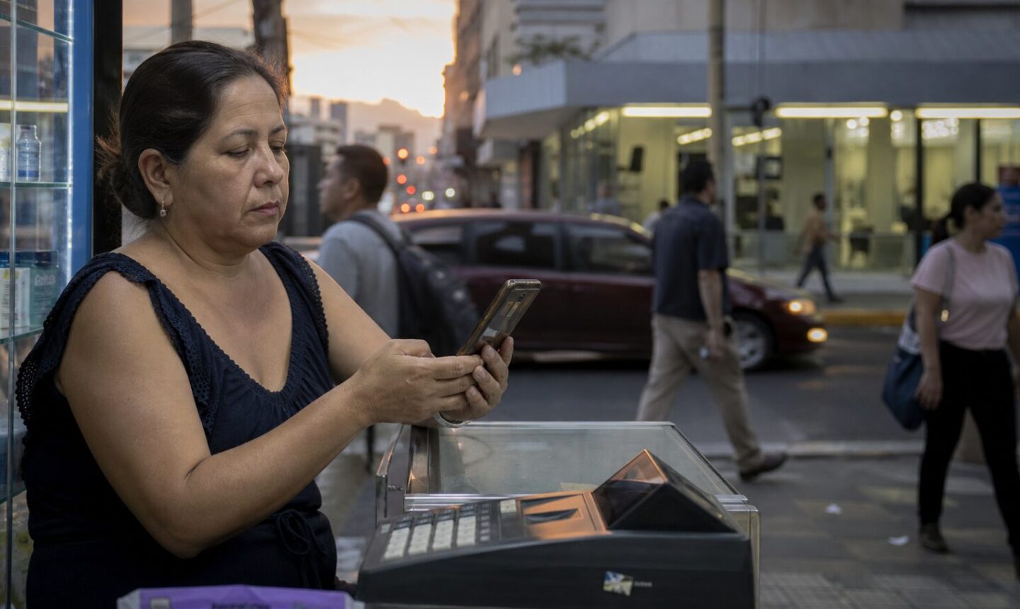 Comerciante latinoamericana revisa un pago digital en su teléfono junto a una caja registradora