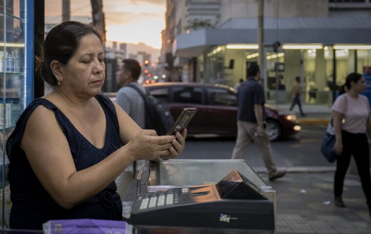 Comerciante latinoamericana revisa un pago digital en su teléfono junto a una caja registradora