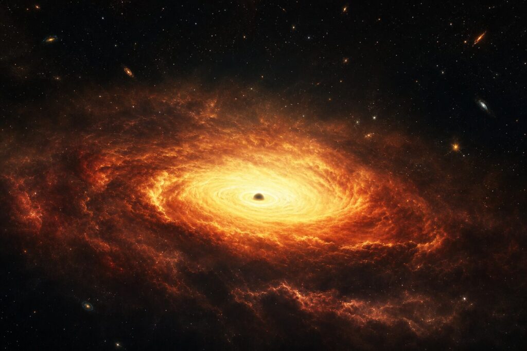 Representación de un agujero negro rodeado por una envoltura de gas en el universo temprano.