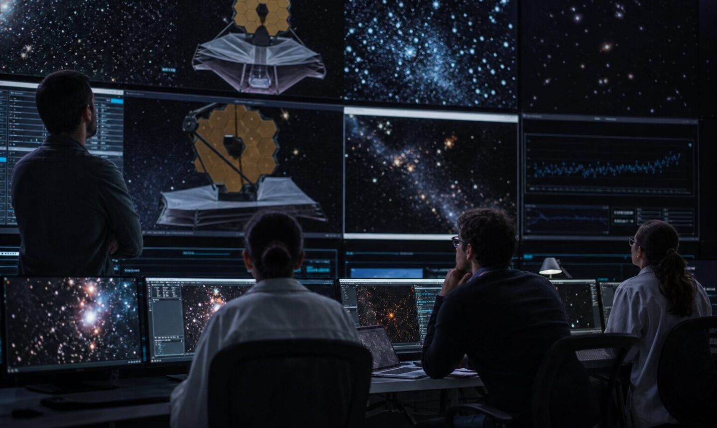 Investigadores analizan datos del telescopio James Webb en un centro de control astronómico.