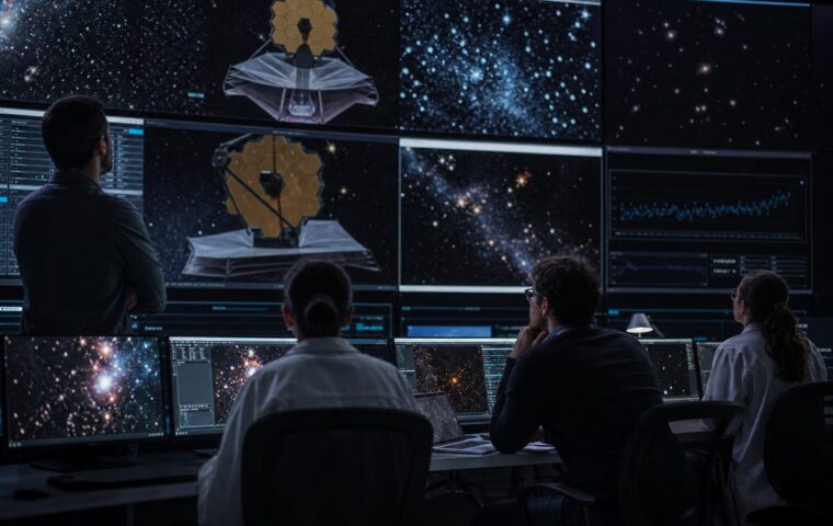 Investigadores analizan datos del telescopio James Webb en un centro de control astronómico.