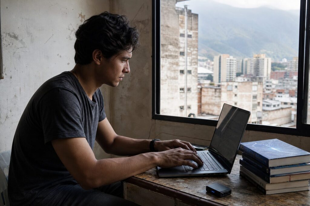 Profesional venezolano utiliza herramientas de inteligencia artificial en un entorno de trabajo.