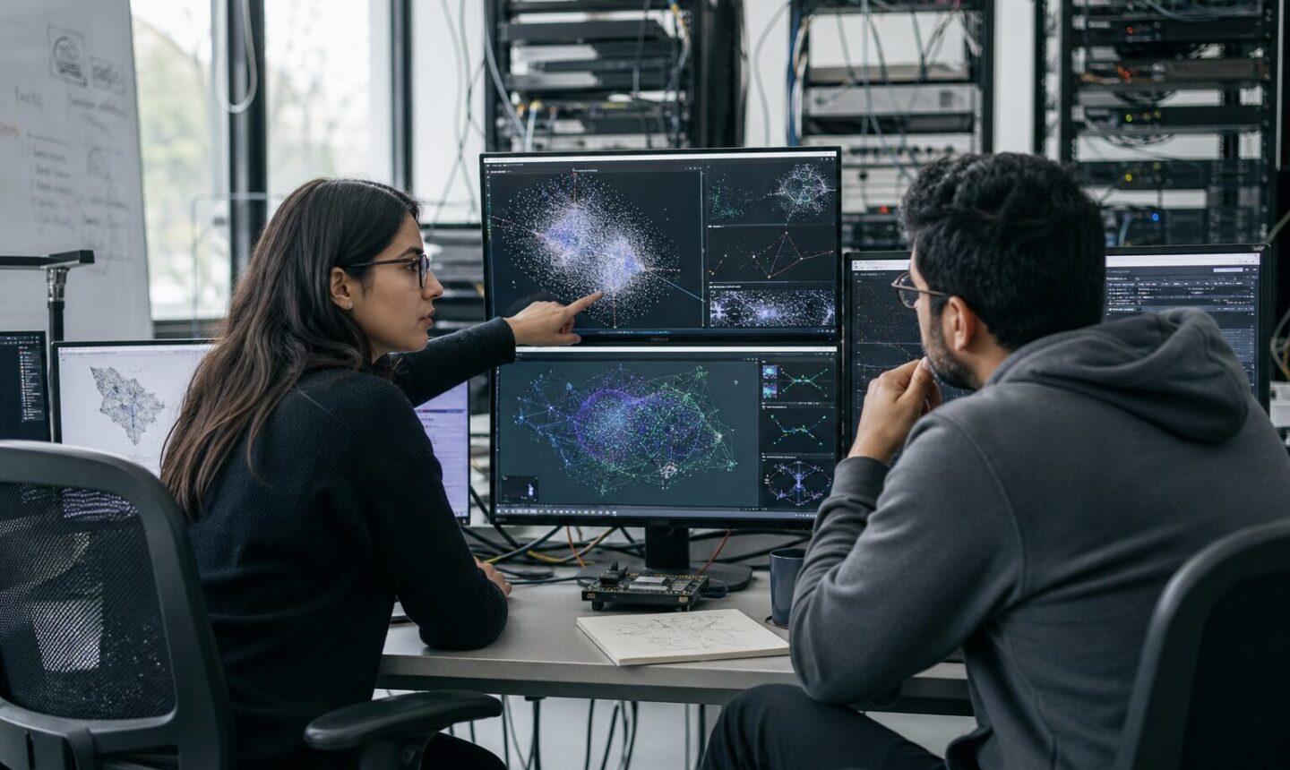 Investigadores latinoamericanos observan sistemas de inteligencia artificial en un centro de datos.