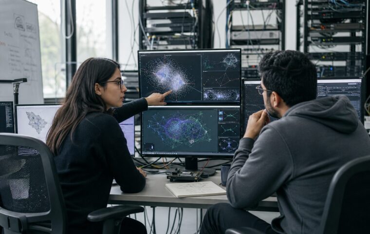 Investigadores latinoamericanos observan sistemas de inteligencia artificial en un centro de datos.