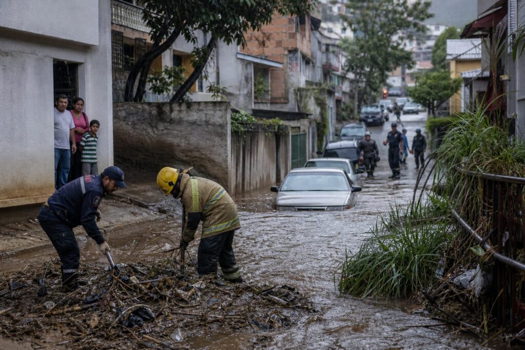Equipos de emergencia revisan una zona inundada de Caracas