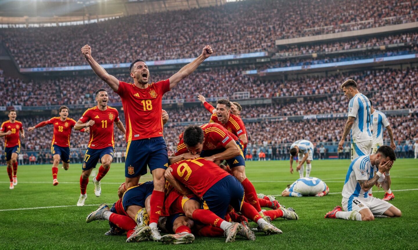 Jugadores de España celebran el título mundial tras vencer a Argentina en la final de 2026