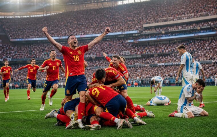 Jugadores de España celebran el título mundial tras vencer a Argentina en la final de 2026