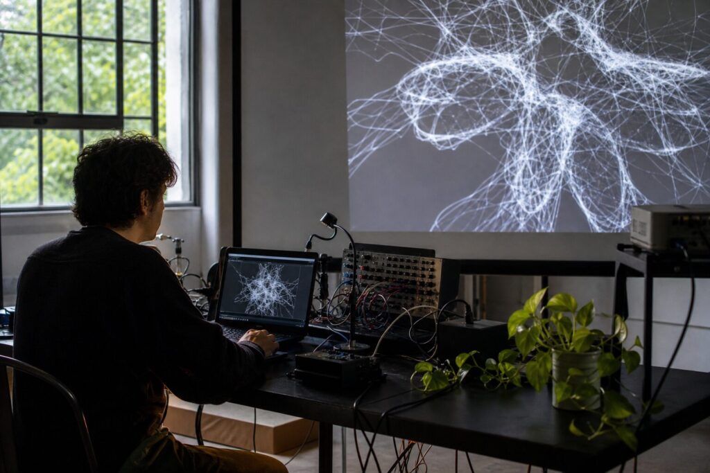 Artista visual trabaja con sensores, una planta y visualizaciones generativas en un laboratorio de arte digital.
