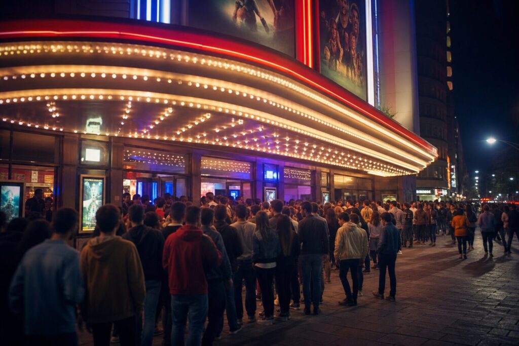 Público hace fila ante un complejo cinematográfico durante un estreno de gran escala