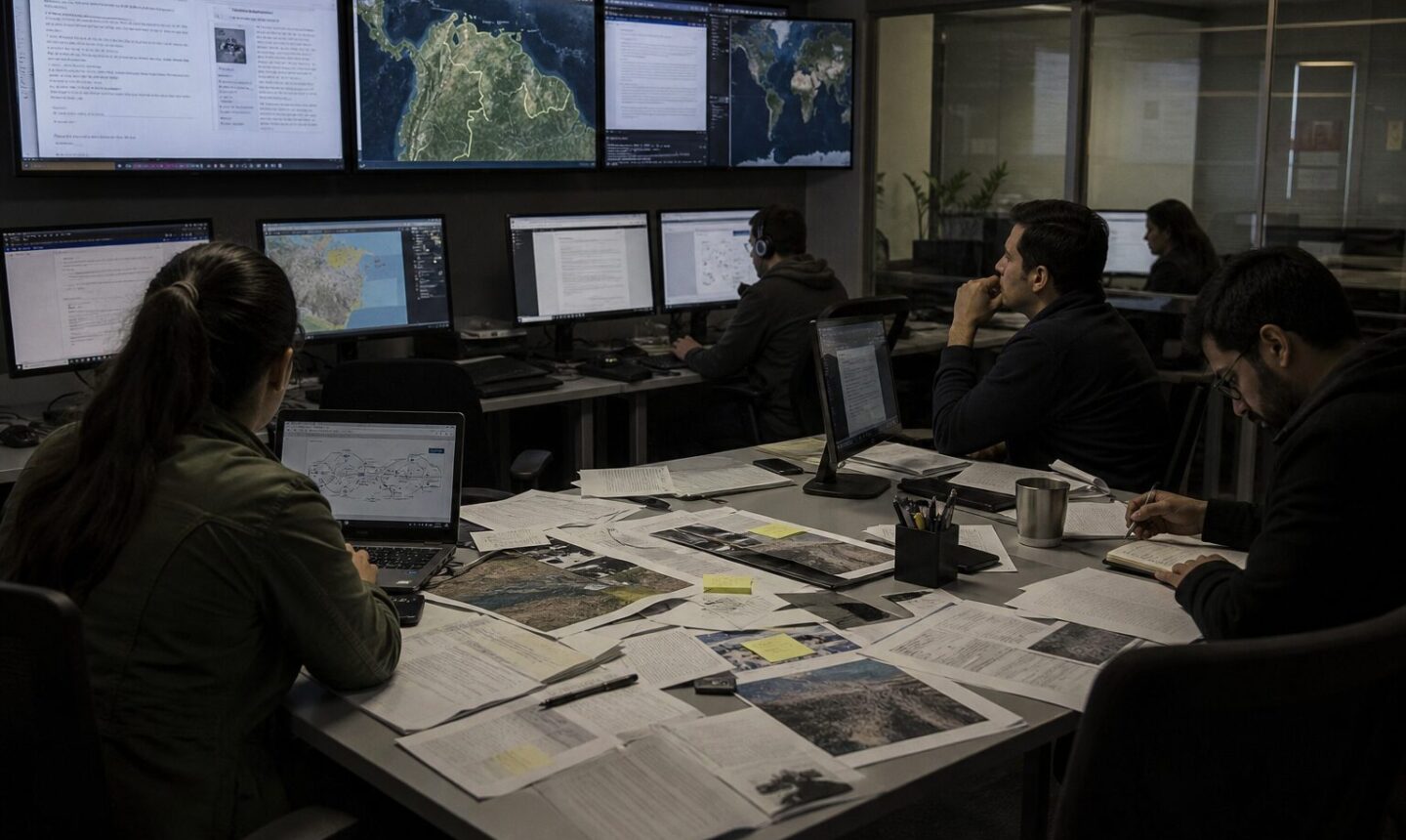 Sala de redacción con herramientas digitales para verificar noticias