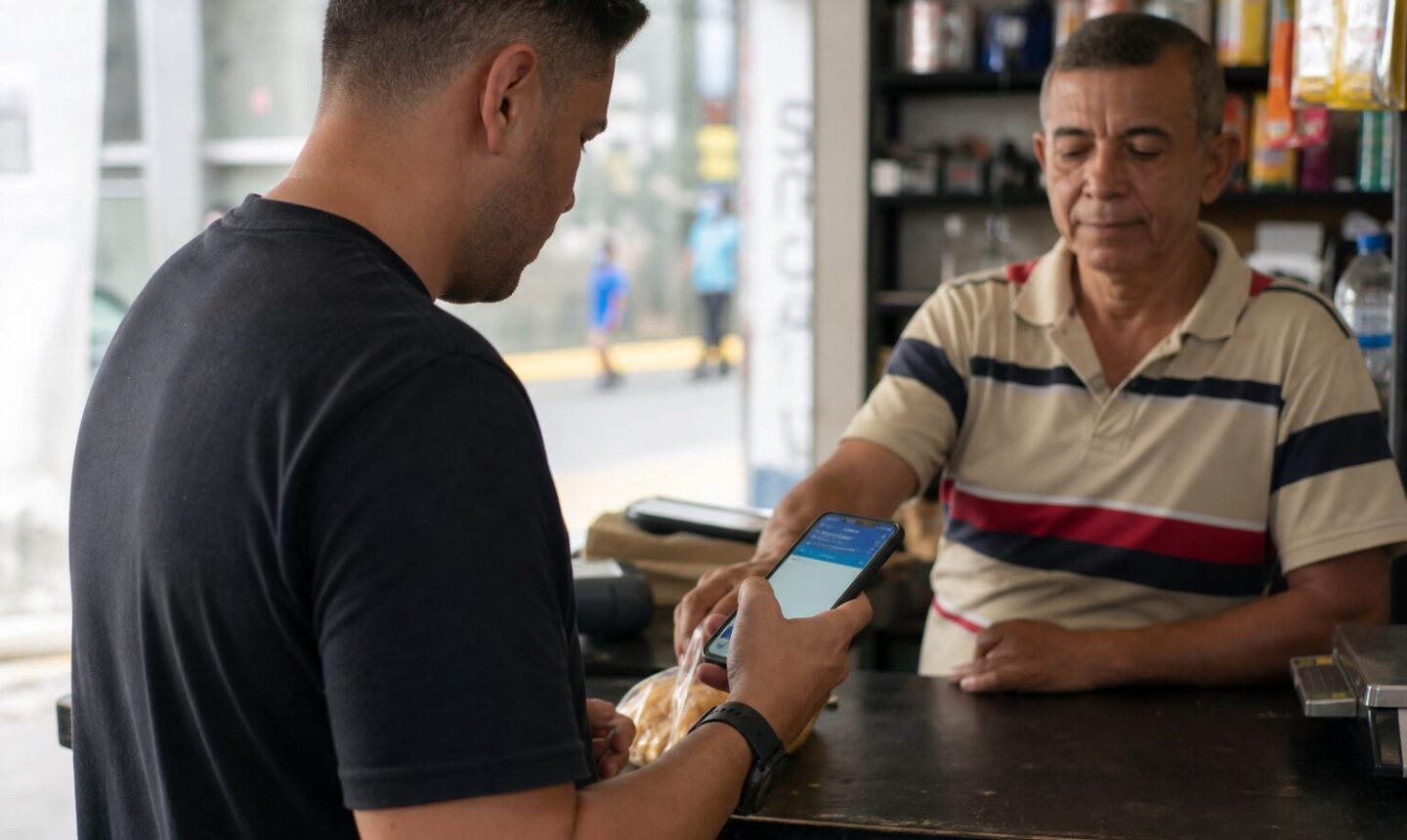 Persona revisando una billetera digital para realizar un pago en un comercio de Caracas