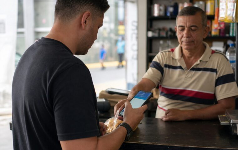 Persona revisando una billetera digital para realizar un pago en un comercio de Caracas