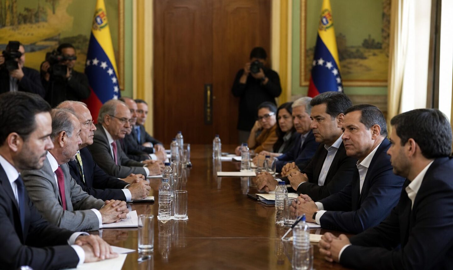 Delegaciones del Gobierno venezolano y la oposición durante una mesa de negociación en Caracas