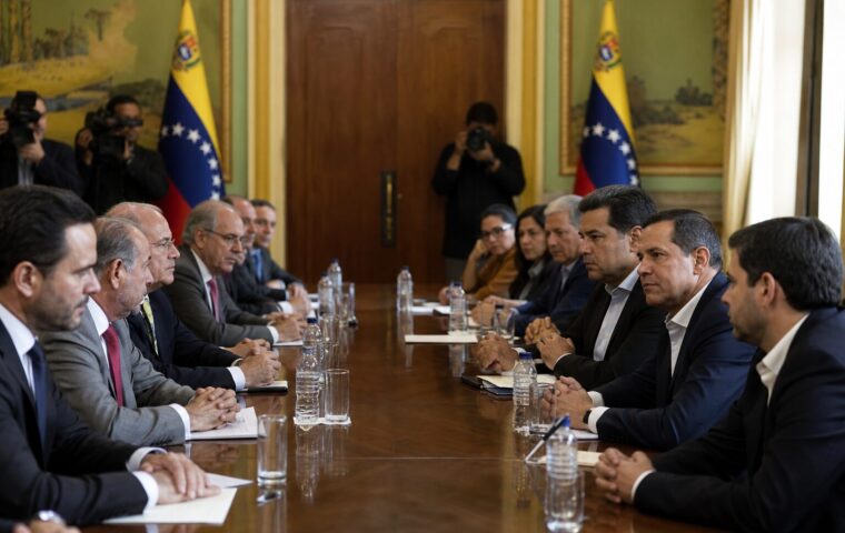Delegaciones del Gobierno venezolano y la oposición durante una mesa de negociación en Caracas