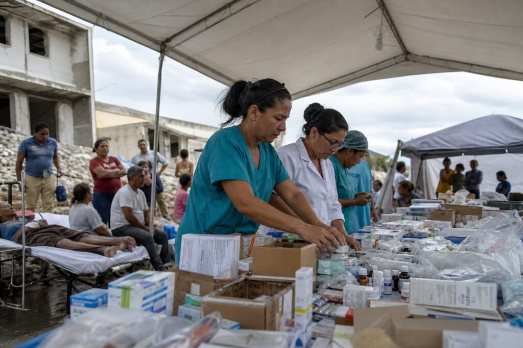 Personal sanitario organiza suministros en un centro de salud afectado por los terremotos