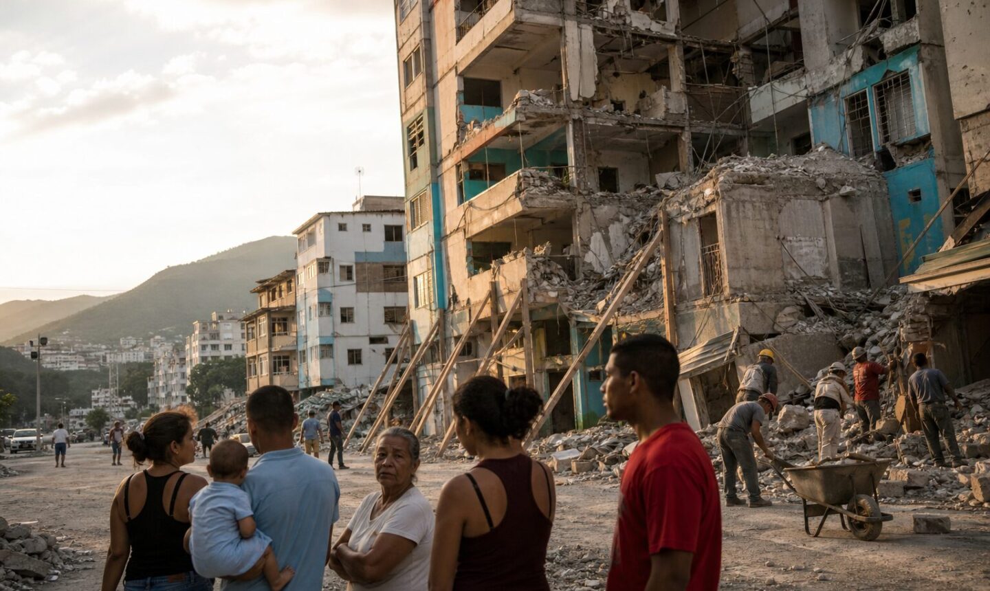 Familias y trabajadores observan edificios dañados por los terremotos en La Guaira