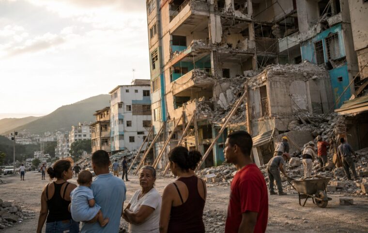 Familias y trabajadores observan edificios dañados por los terremotos en La Guaira