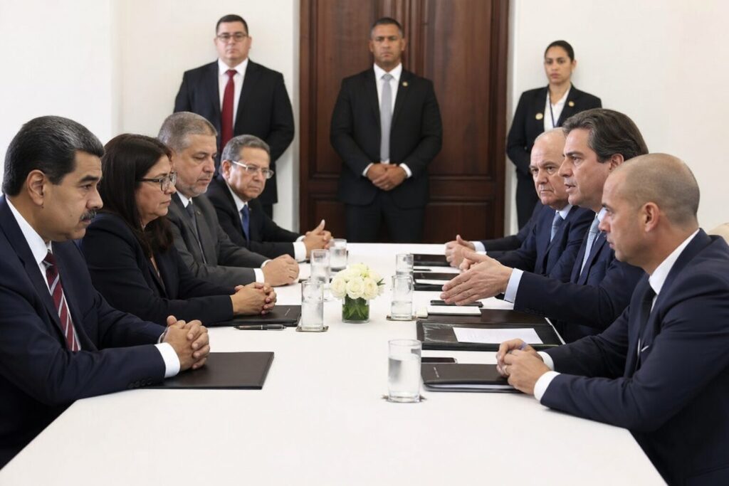 Delegados venezolanos participan en una mesa de negociación política en Caracas