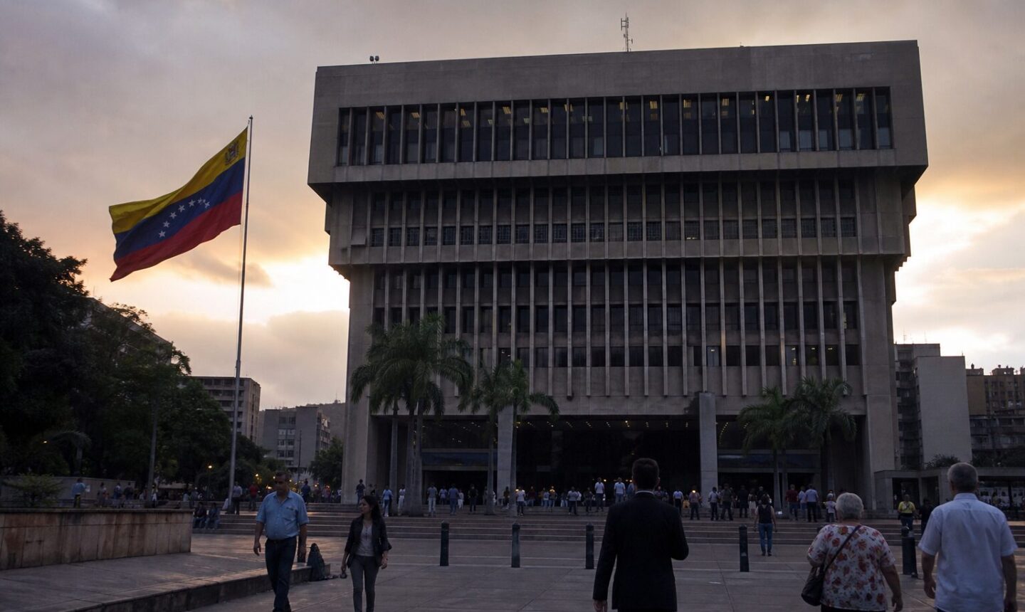 Ciudadanos frente a un edificio institucional en Caracas durante la transición política venezolana