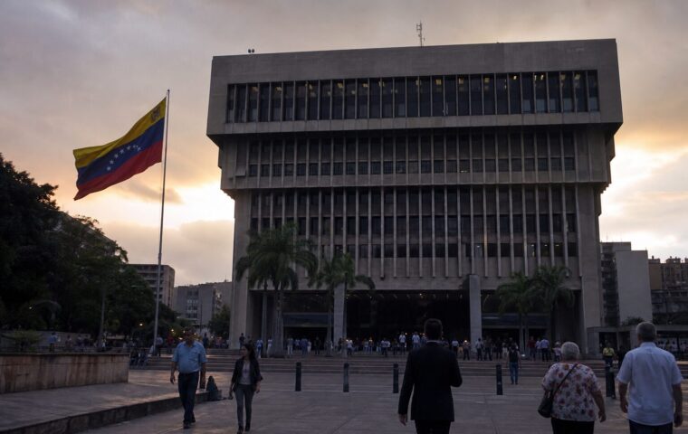 Ciudadanos frente a un edificio institucional en Caracas durante la transición política venezolana