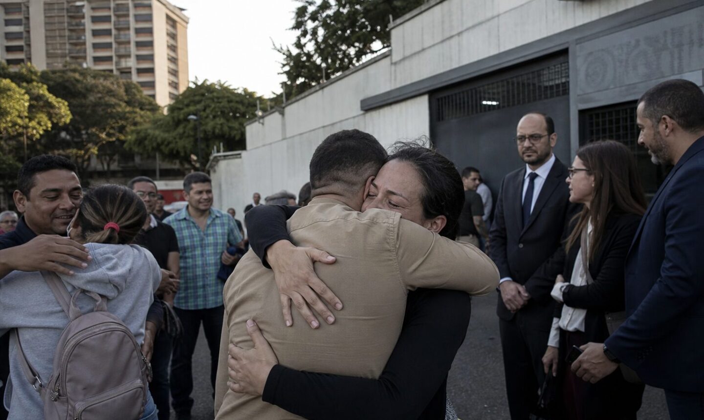 Familiares abrazan a personas excarceladas frente a una prisión venezolana