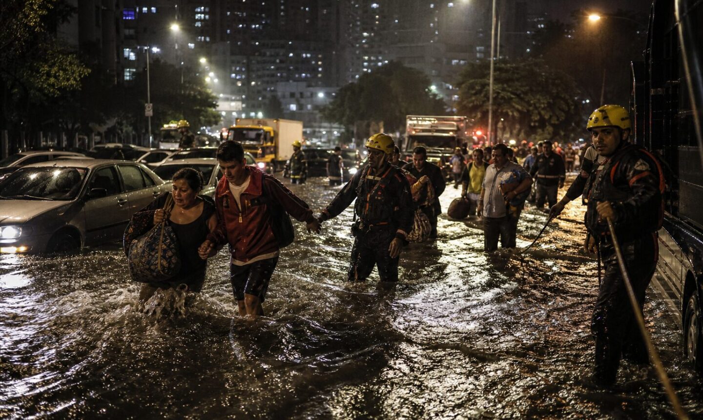 Vecinos y rescatistas enfrentan inundaciones en Caracas tras las lluvias del 15 de agosto de 2026.