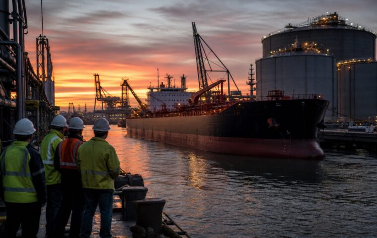 Buque cisterna cargando combustible en un puerto estadounidense durante una operación logística.
